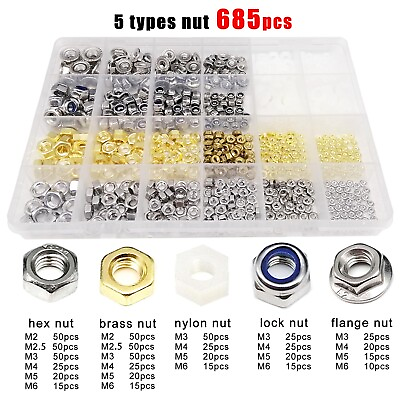 #ad 685pcs Mix 5 Types M2 M6 Hex Hexagon Nylon Insert Lock Flange Nut Set Kit Box