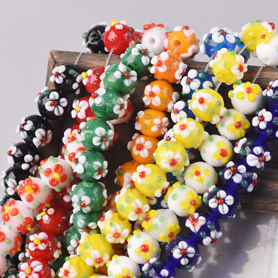 #ad 10pcs Handmade Round 10mm Flower Lampwork Glass Loose Beads for Jewelry Making