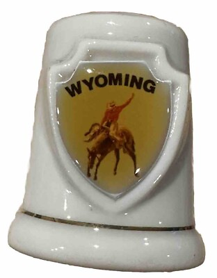 #ad Vintage Wyoming Souvenir State Porcelain Thimble w Bucking Bronco Cowboy