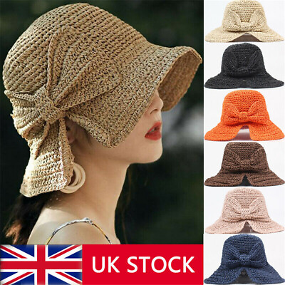 #ad UK Women Fashion Folding Straw Hats Summer Sun Hat Beach Sun Hat With Bow