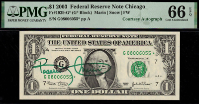 #ad #ad 2003 $1 Federal Reserve Note PMG 66EPQ birthday courtesy autograph star 8006055