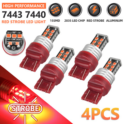 #ad 4x Strobe LED Flashing Blinking Brake Light Tail Stop Parking Bulb Red 7443 7440