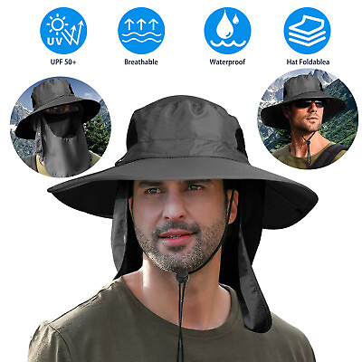 #ad Wide Brim Sun Hat with Neck Flap UV Protection Hiking Fishing Cap for Men Women