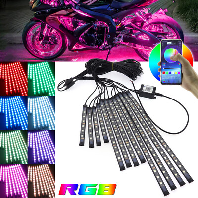 #ad 12PCS RGB Motorcycle LED Light Accent Glow Neon Strip Kit APP Control Bluetooth