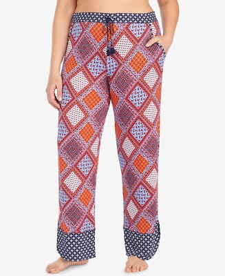 #ad Layla Womens Plus Size Printed Drawstring Tie Pajama Pants Multi Red 1X