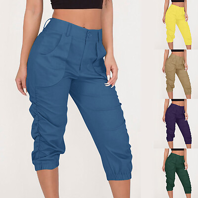 #ad Womens Cargo Trousers Short Pants Solid High Waist Jogging Bottoms With Pockets