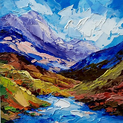 #ad Original Textured Painting Mountain landscape Grand Teton art Oil Impasto 8x8quot;