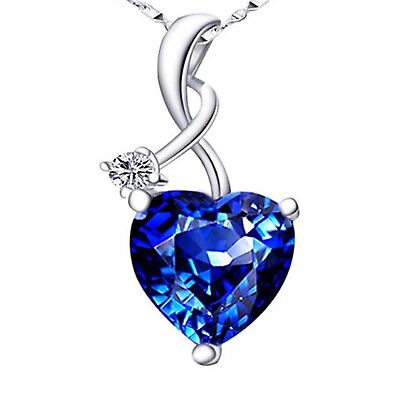 #ad 925 Sterling Silver Blue Sapphire Simulated Pendant Necklace Gift For Girl Her