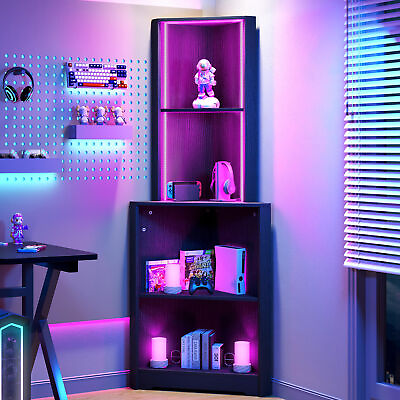 #ad #ad Corner Shelf with LED Light Bookshelf Bookcase with Open Display Storage Rack
