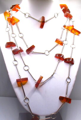 #ad Vintage Silver Amber Silver Necklace Long 72quot;