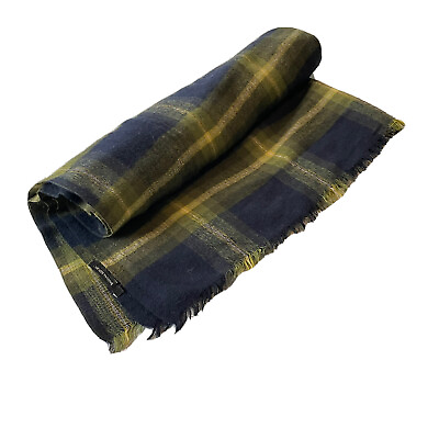 #ad Banana Republic Wool Blend Shawl Scarf Plaid Huge Fringe Blue Yellow 70x36 Wrap