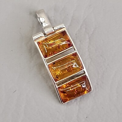 #ad Baltic Amber Pendant Poland Sterling Silver Rectangle Honey Curved Artisan 7 8quot;