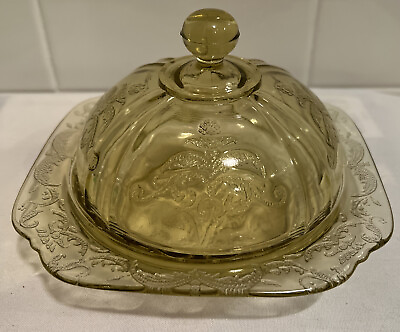 #ad Antique Vintage Federal Amber Depression Glass Madrid Butter Dish 1930s