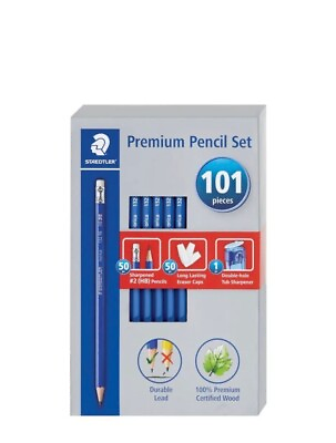 #ad HB #2 Blue Wood Cased Pencils 50Ct with 50 Eraser Caps 1 Pencil Sharpener