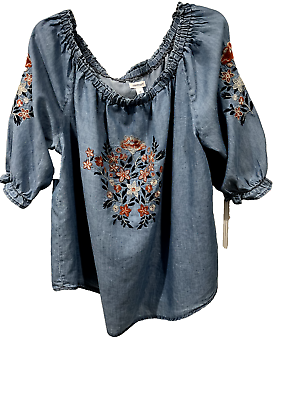 #ad Westport Women#x27;s blue with embroidered flowers peasant top 2X Preowned