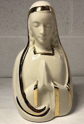 #ad Vintage Mother Mary Praying Ceramic Planter Madonna Catholic 10” White Gold Trim