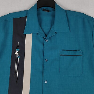 #ad Steady Classics Shirt Mens Large Blue Teal Black Bowling Rockabilly Panel Crown