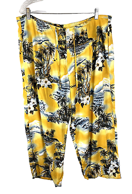 #ad Hilo Hattie Yellow Hawaiian Floral Cropped Capri Pants Size XL Drawstring Zipper