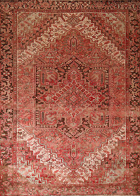 #ad Vintage Red Dark brown Handmade Wool Heriz Traditional Room Size Area Rug 10x11