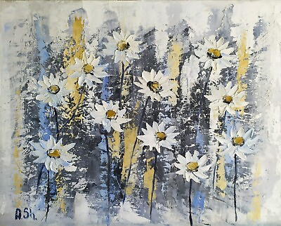 #ad Original oil on canvas painting Abstract daisy flower wall art impasto 16x20quot;
