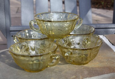 #ad Federal Glass Madrid Amber Cream Vintage 2 Handled Soup Bowl Set of 5