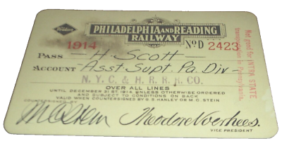 #ad 1914 PHILADELPHIA amp; READING RAILWAY READING COMPANY EMPLOYEE PASS #2423