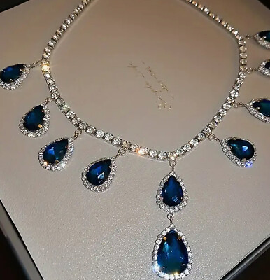 #ad blue Faux sapphire And Diamond necklace And Earrings Set