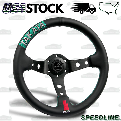 #ad New Green Stitches 330mm Embroidery Vertex Leather Deep Dish Steering Wheel