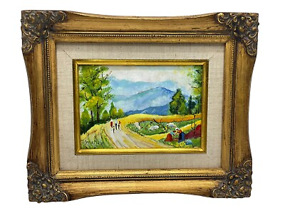 #ad Cloisonne Enamel Copper Original Oil Painting Framed Landscape Farming Family