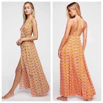 #ad Free People LINEN Siren Wrap Maxi Dress boho Retro Geo Print Orange Brown Large