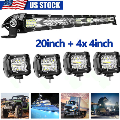 #ad 20 inch LED Light Bar Combo Spot Flood Truck Offroad 4quot; Pods Kit For Jeep SUV