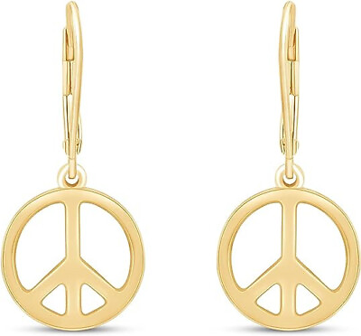 #ad Peace Sign Dangle Earrings in 14K Yellow Gold Plated 925 Sterling Silver