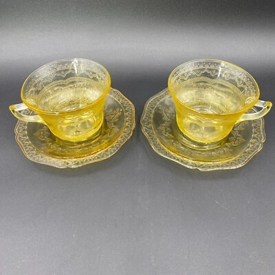 #ad Two Federal Patrician Spoke Tea Cup And Saucers Yellow Depression Glass Set of 2