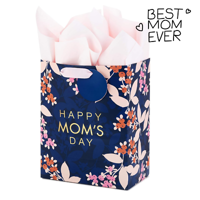 #ad Mother#x27;s Day Gift Bag with Tissue Paper Navy Blue with Pink and Orange Flowers