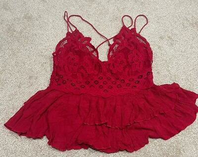 #ad Free People One Red Lace Trim Top Size Estimated Medium