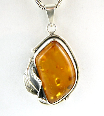 #ad Sterling Silver Amber Pendant Necklace Snake Chain 925 27.3g 19 Inches