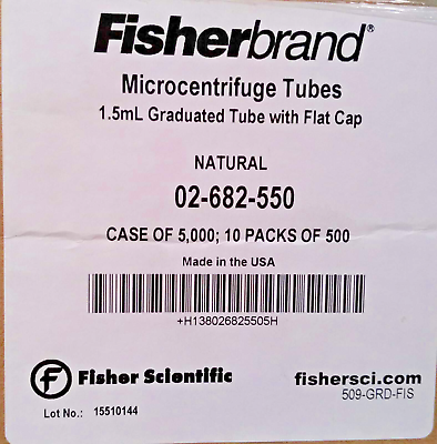 #ad Fisherbrand Microcentrifuge Tubes 1.5ml Tube w Flat Cap Cat#02 681 550 5000 Cs