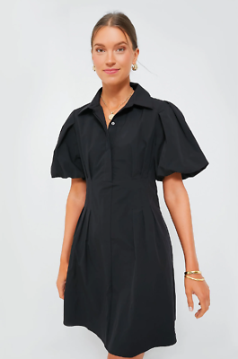 #ad Tuckernuck Black Mini Delaney Puff Sleeve Spread Collar Dress Size L NEW