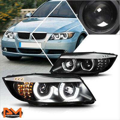 #ad For 05 08 BMW E90 3 Series LED 3D Crystal U Halo Projector Headlight Lamp Black