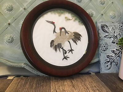 #ad #ad Birds Cranes Animals Hanging Art Japanese Art Embroidered And Feathers 9 1 2 “