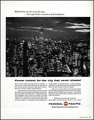 #ad 1958 Federal Pacific Electric New York Night Skyline vintage photo print ad L40