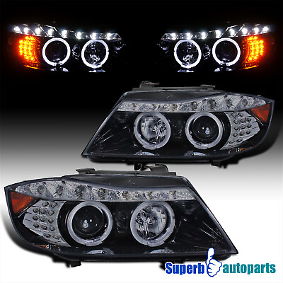 #ad Fit 2006 2008 BMW 4Dr 3 Series Halo LED Signal Projector Headlights Glossy Black