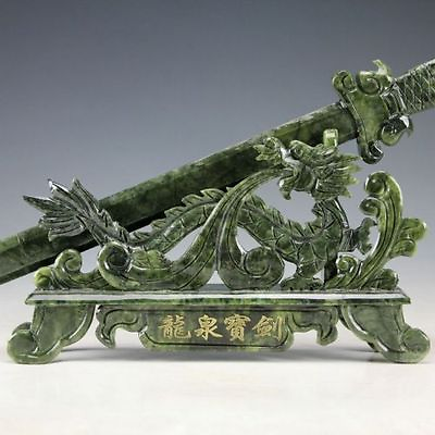 #ad Oriental Vintage Chinese Handwork Carved Jade Dragon Sword Statue @AAA