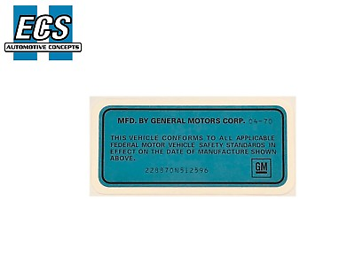 #ad NOS r 1969 1970 1971 GM Chevelle VIN Certification Label Printed and Laminated