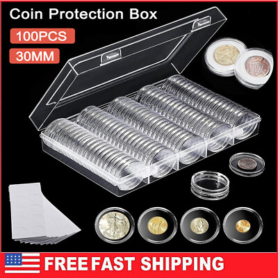 #ad #ad 100Pcs 5 Size Clear Round Coin Capsule Container Storage Box Holder Case Plastic