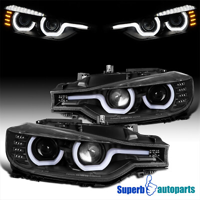 #ad Fits 2012 2015 BMW F30 3 Series Black Housing LED U Rings Projector Headlights