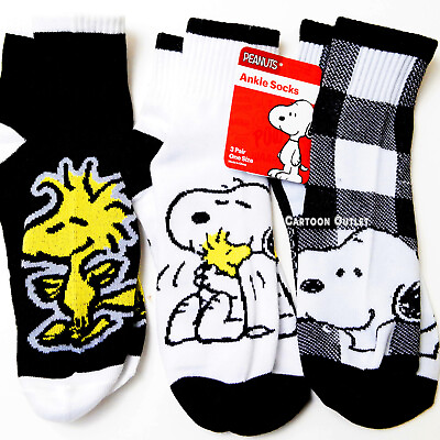 #ad 3 pairs Peanuts Socks Ankle High Snoopy WoodStock One Size New