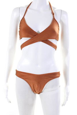 #ad La Sirene Womens Buckled Strappy Halter Bikini Swimwear Set Orange Size S