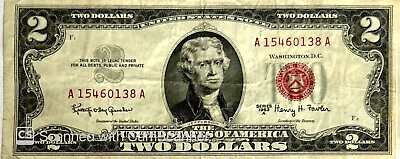 #ad 1963 Series A $2 Two Dollar Bill Red Seal United States Note Fine Good Condition
