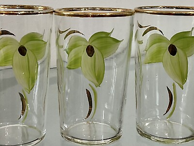 #ad #ad Vintage Federal Glass 5 Floral Green Gold 5oz Juice Drinking Glasses MCM